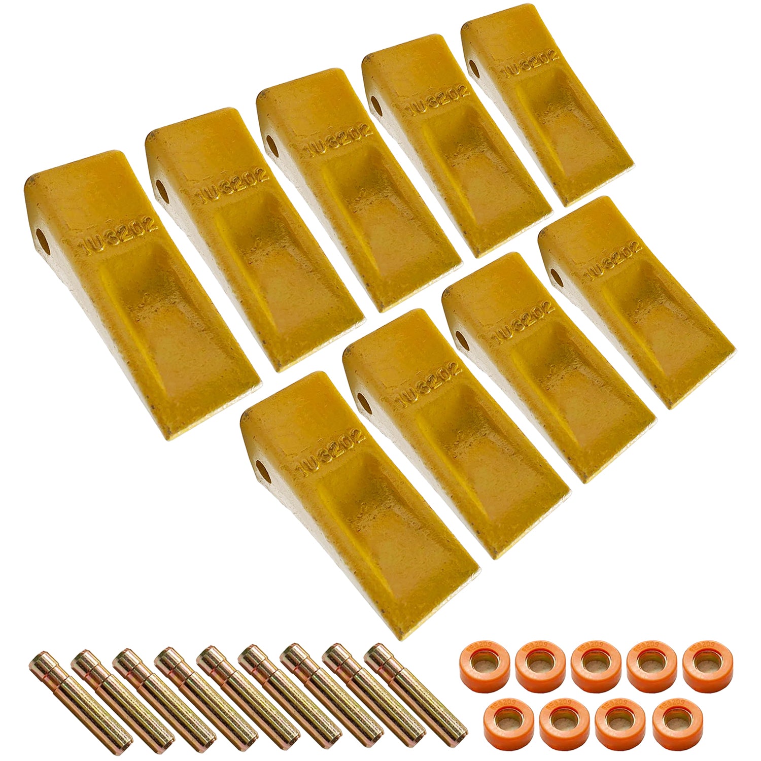 BDI Wear Parts 1U3202 Excavator Bucket Teeth, Caterpillar Bucket Tooth with Pins 8E6208 and Retainers 8E6209 for J200 Series - 9 Set