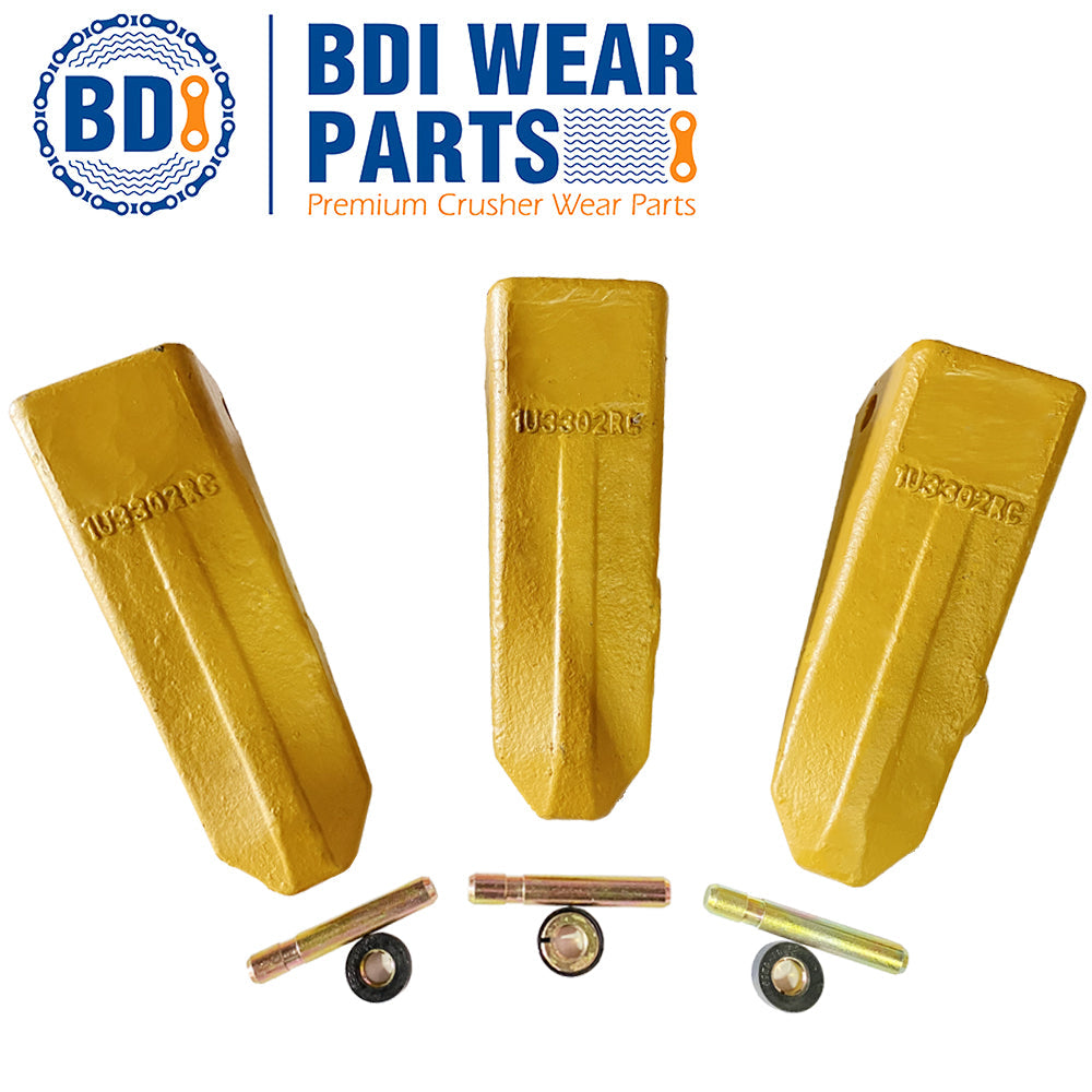 BDI Wear Parts 1U3302RC J300 Style Rock Chisel Bucket Teeth with Pins and Retainers for CAT- 3 Pack