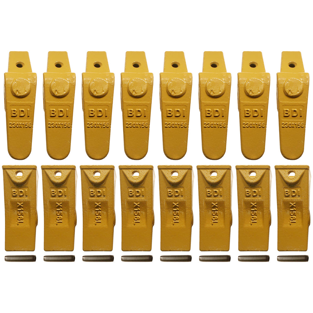 BDI Wear Parts Assembly 230X156 Backhoe Shank / X156L Bucket Teeth / P156 Roll Pins Bobcat Skid Steer Caterpillar Style for Mini Excavator - 8 Set
