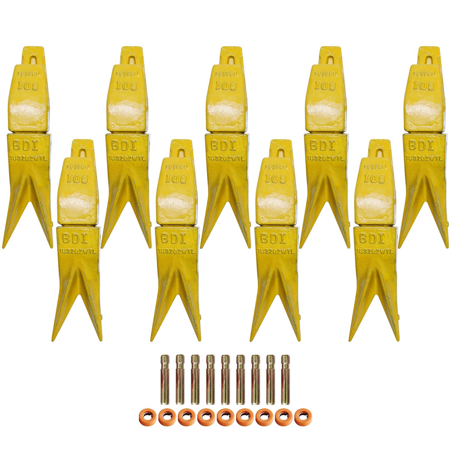 BDI Wear Parts Assembly Adapter 119-3204 Bolt On Shank / 1U3202WTL Excavator Bucket Teeth/Pin 8E6208 Retainer 8E6209, Caterpillar Bucket Tooth J200 Series - 9 Set