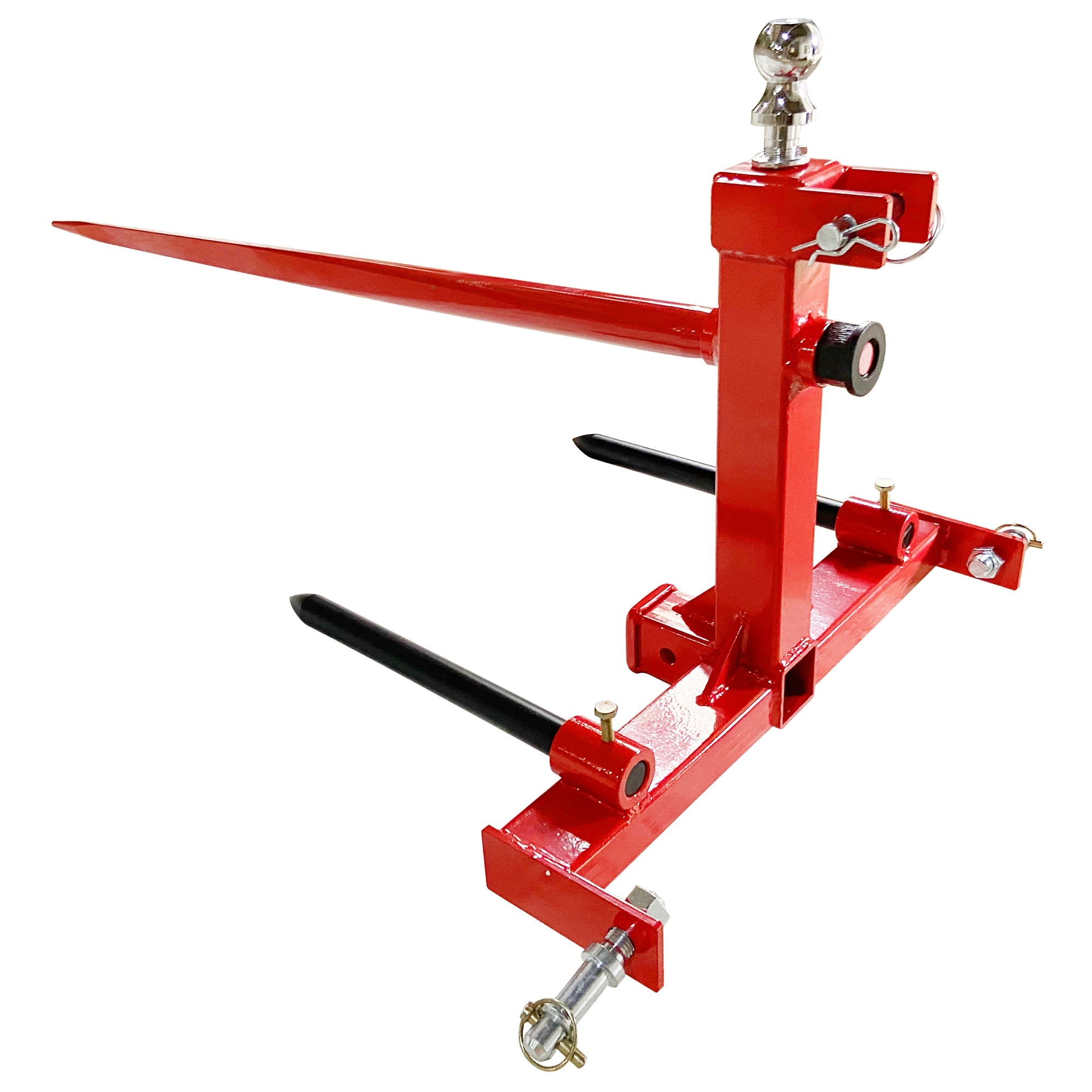 BDI Wear Parts Heavy Duty 3 Point Hitch Receiver with 48” Hay Bale Spear and 2 Stabilizers Spear, 3000lbs Capacity 2" Trailer Hitch for Category 1 Tractors with Trailer Ball Gooseneck Drawbar