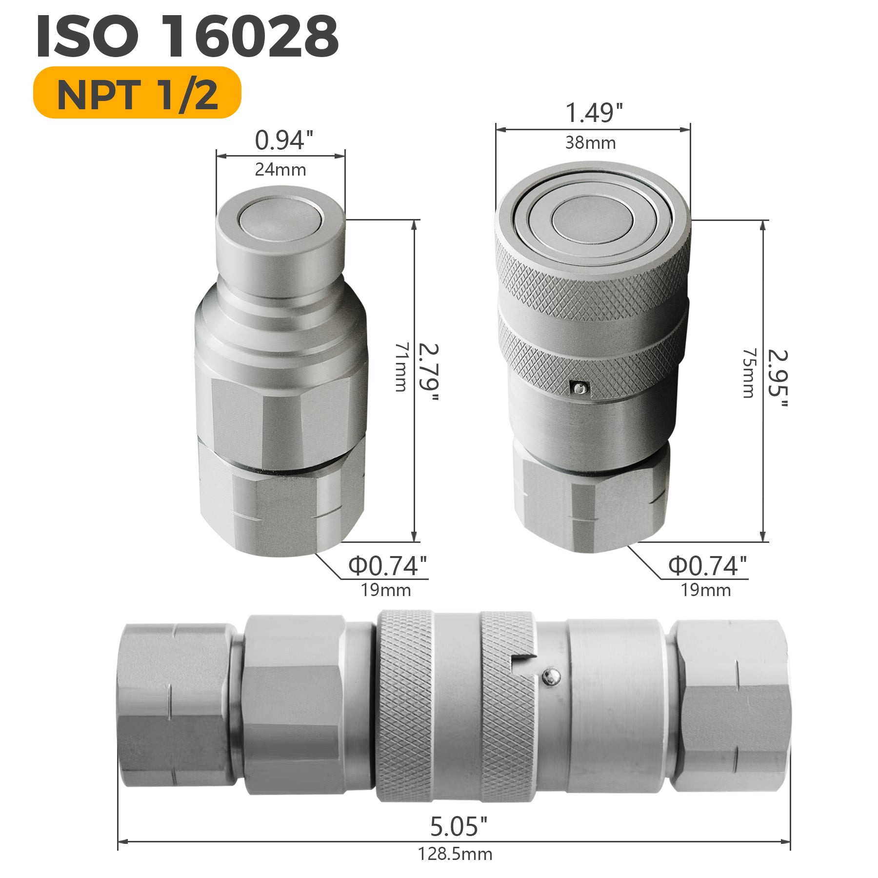 BDI Wear Parts 1/2" NPT Flat Face Hydraulic Coupler Skid Steer Quick Connect Disconnect Coupling 1/2 Body/Coupling Quick Connect with Dust caps - 1 SET