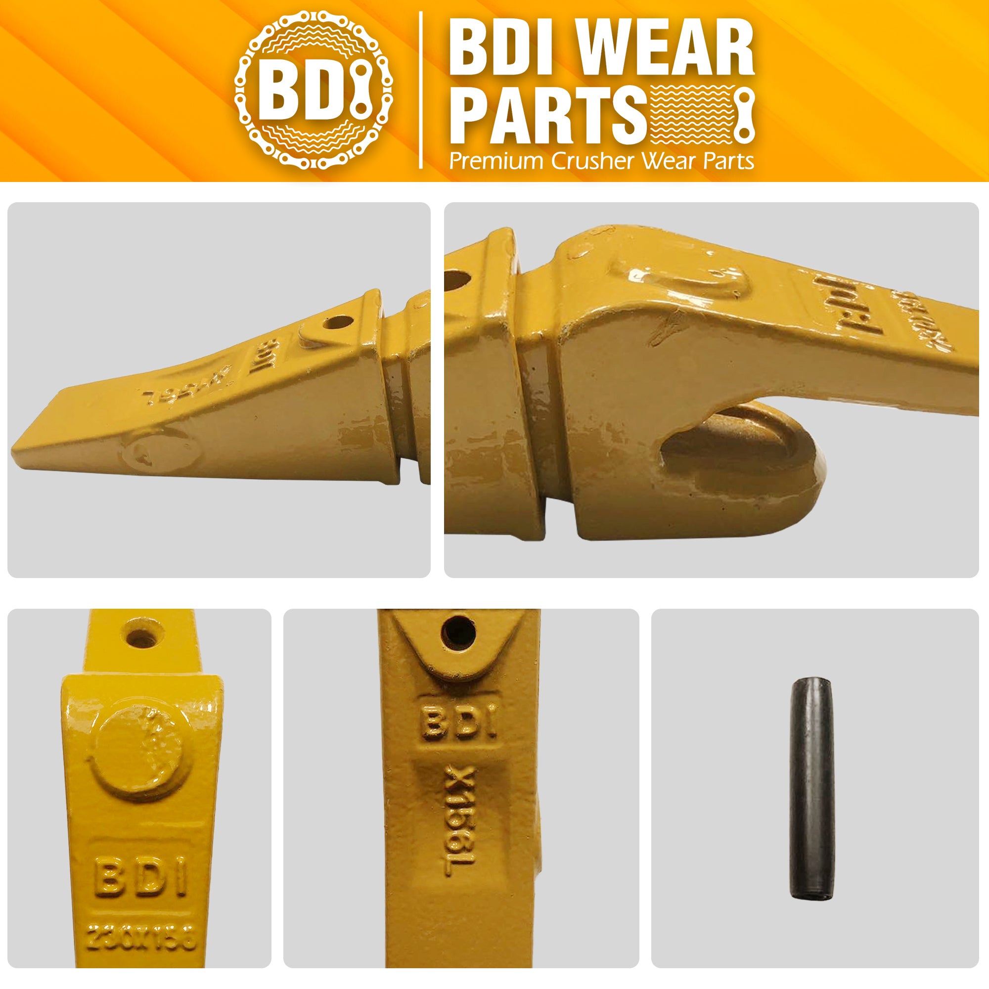 BDI Wear Parts Assembly 230X156 Backhoe Shank / X156L Bucket Teeth / P156 Roll Pins Bobcat Skid Steer Caterpillar Style for Mini Excavator - 8 Set