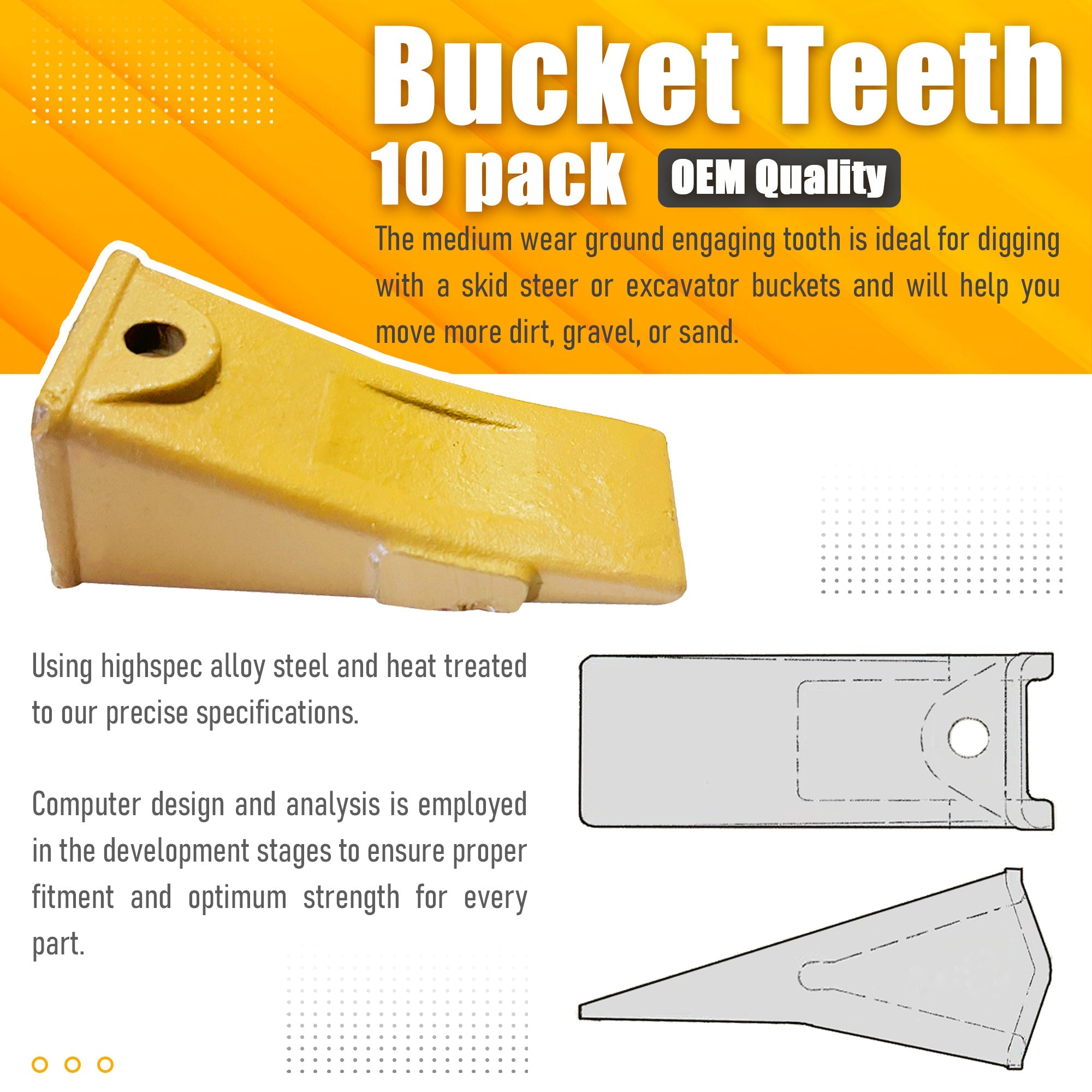 BDI Wear Parts 10 Pack X156 Dirt Bucket Teeth Hensley Style with 10 P156 Roll Pins for Skid Steer and Mini Excavators Fits 156 Series