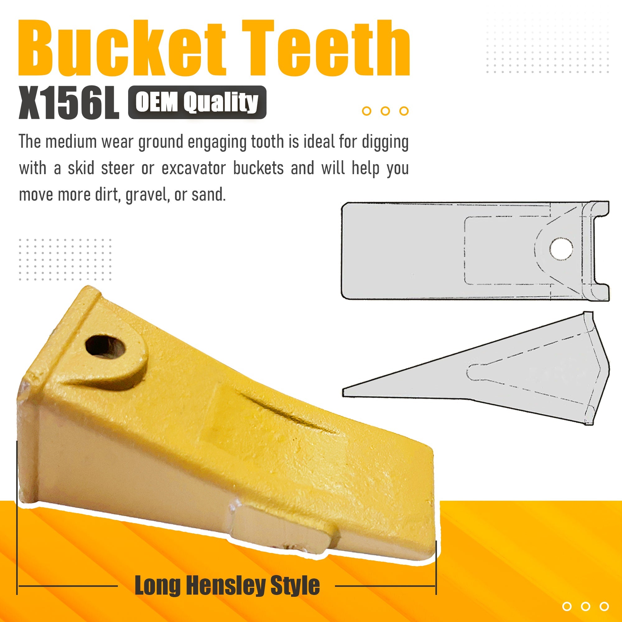 BDI Wear Parts Company Yellow X156L Long Bucket Teeth + P156 Long Pins (5 Pack) for Hensley Style for Skid Steer and Mini Excavators