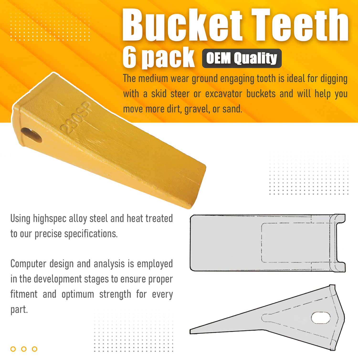 BDI WEAR PARTS 230SP Forged Bucket Teeth with TF23P Flex Pins For 23 & 230 Series Skid Steer Loaders and Excavators - 6 PACK