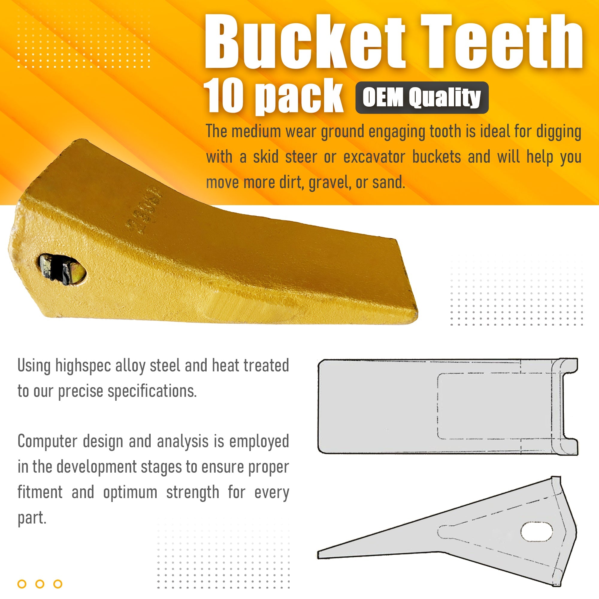 BDI Wear Parts 23 230 Series 230SP Bucket Teeth Replacement Teeth for Bobcat Bucket Tooth with 23p Flex Pin for Hensley Excavator - 10 Pack