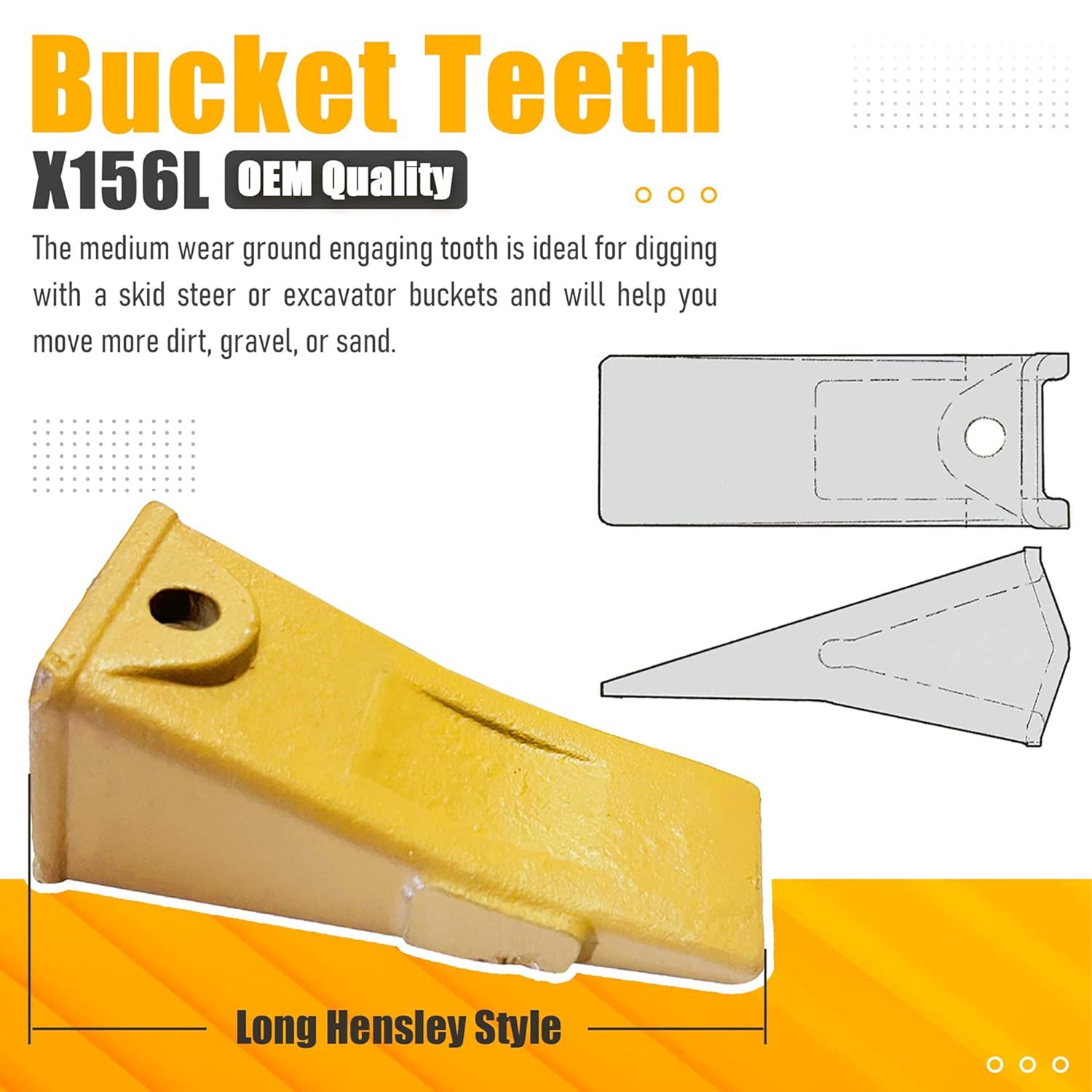 BDI Wear Parts Company Yellow X156L Long Bucket Teeth + P156 Long Pins for Hensley Style for Skid Steer and Mini Excavators - 8 Pack