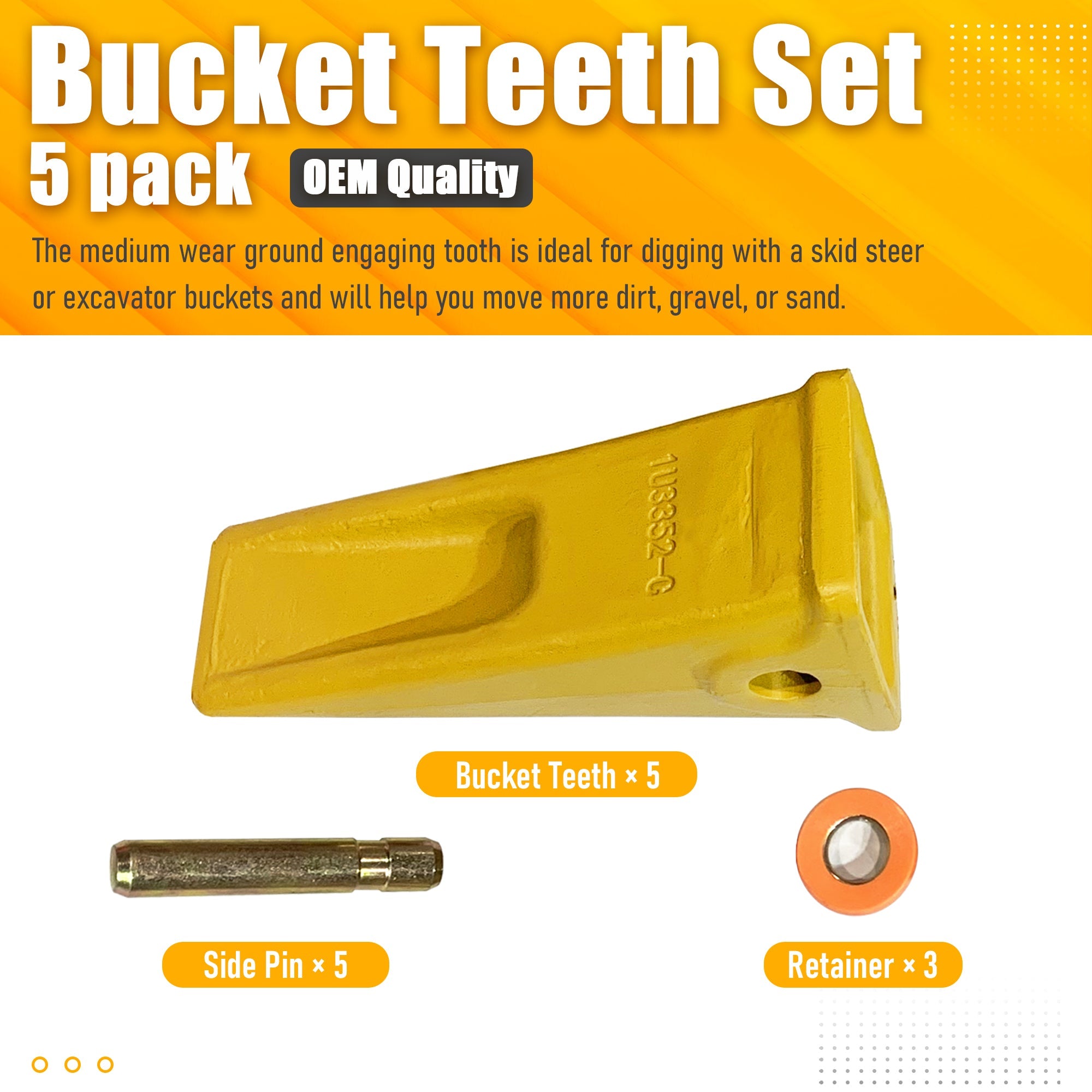 BDI Wear Parts 5 Pack Forged Caterpillar J350 Style Bucket Dirt Teeth w/Pins 8E6358 & 8E6359 Retainers - 1U3352 (5)