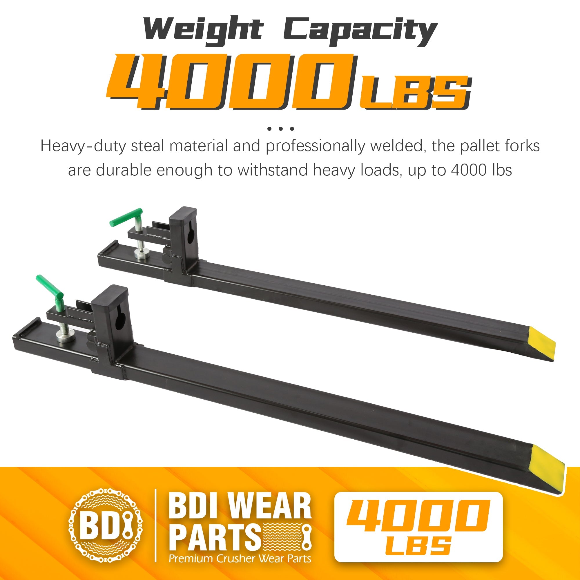 BDI Wear Parts 60" Total Length 4000 Lbs Pallet Forks Chain Heavy-Duty Front Loader Forks Pallet Forks for Loader Bucket Skid Steer Tractor Without Bar