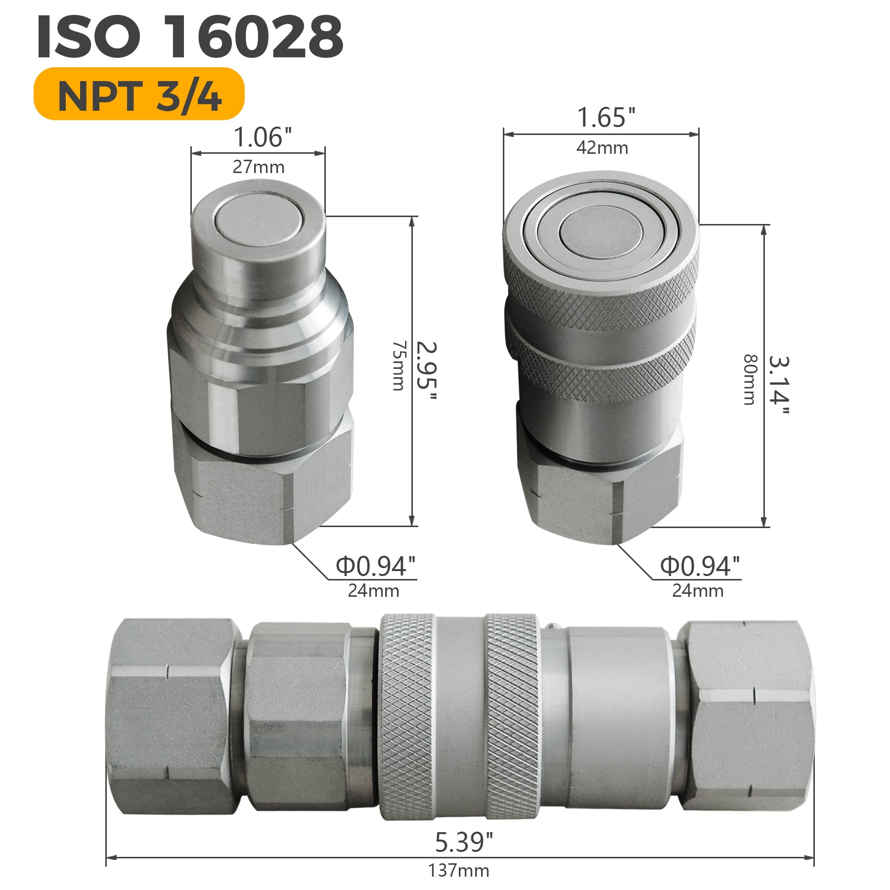 BDI Wear Parts 3/4" NPT Skid Steer Hydraulic Couplers/couplings, Bobcat Flat Face Quick Connect Fittings with w/Dust Caps - 1 SET