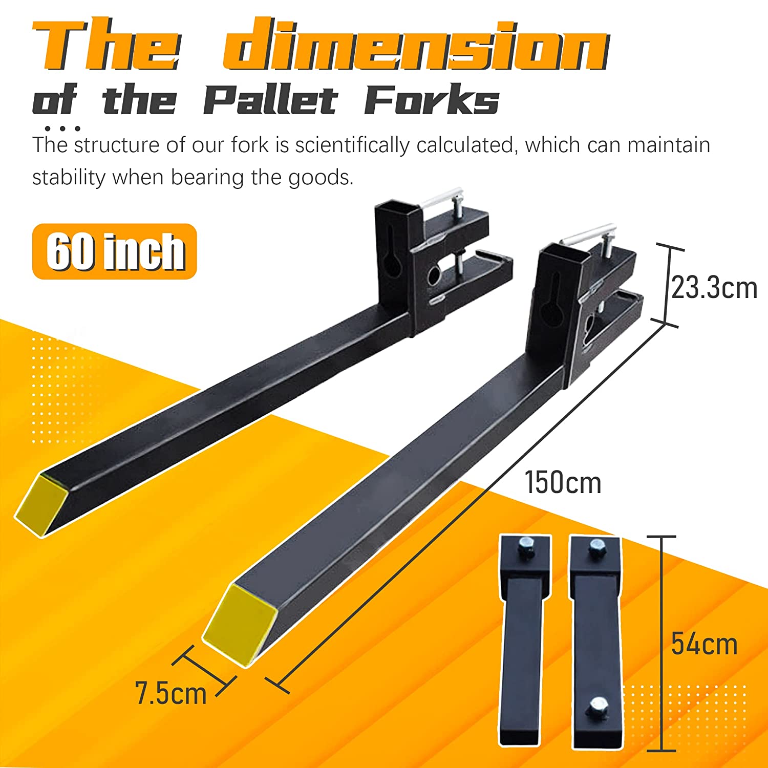 BDI Wear Parts 60" Total Length 1500 Lbs Pallet Forks Chain Heavy-Duty Front Loader Forks Pallet Forks for Loader Bucket Skid Steer Tractor with Bar