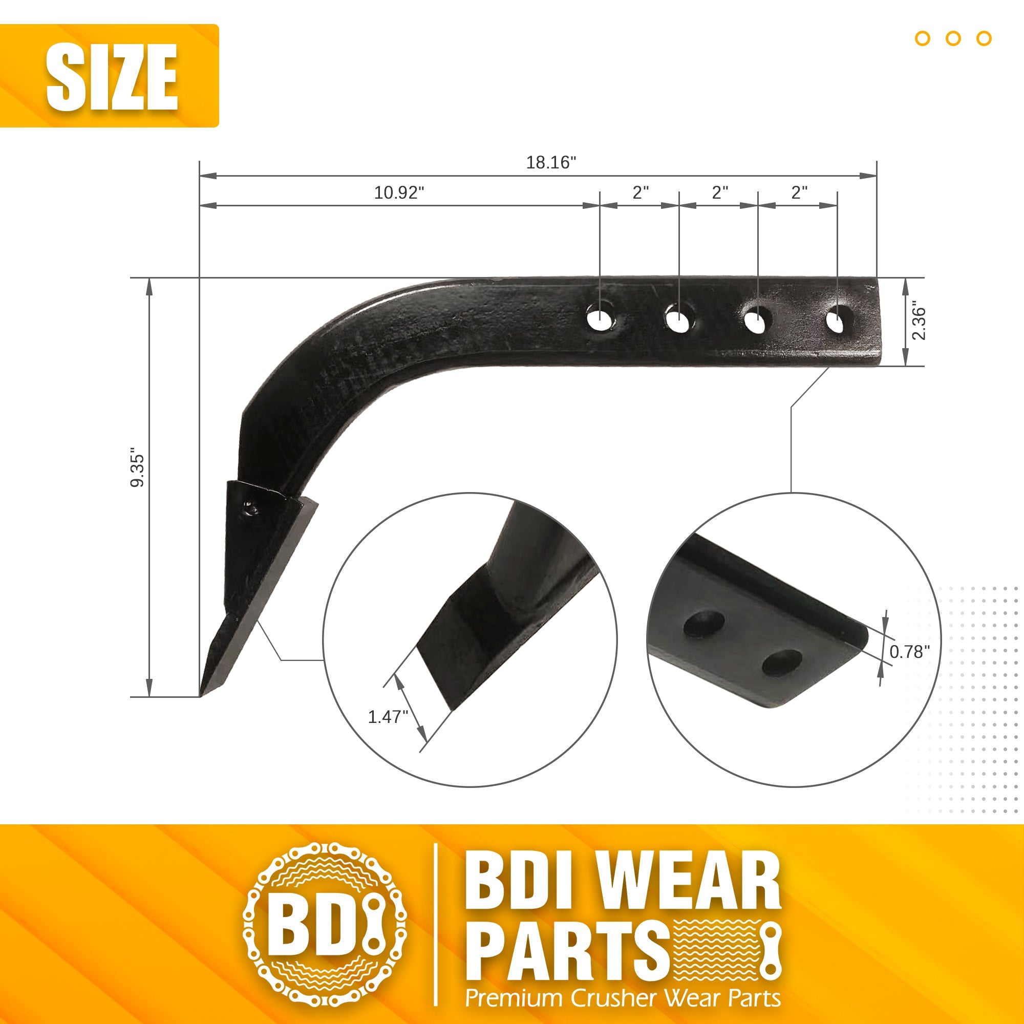 BDI Wear Parts Box Blade Ripper Shank, 18" Box Blade Ripper Teeth with Adjustable 4 Holes Shanks, Rippers/Scarifier Tooth for Replacement, Tilling, Digging - 1 PK