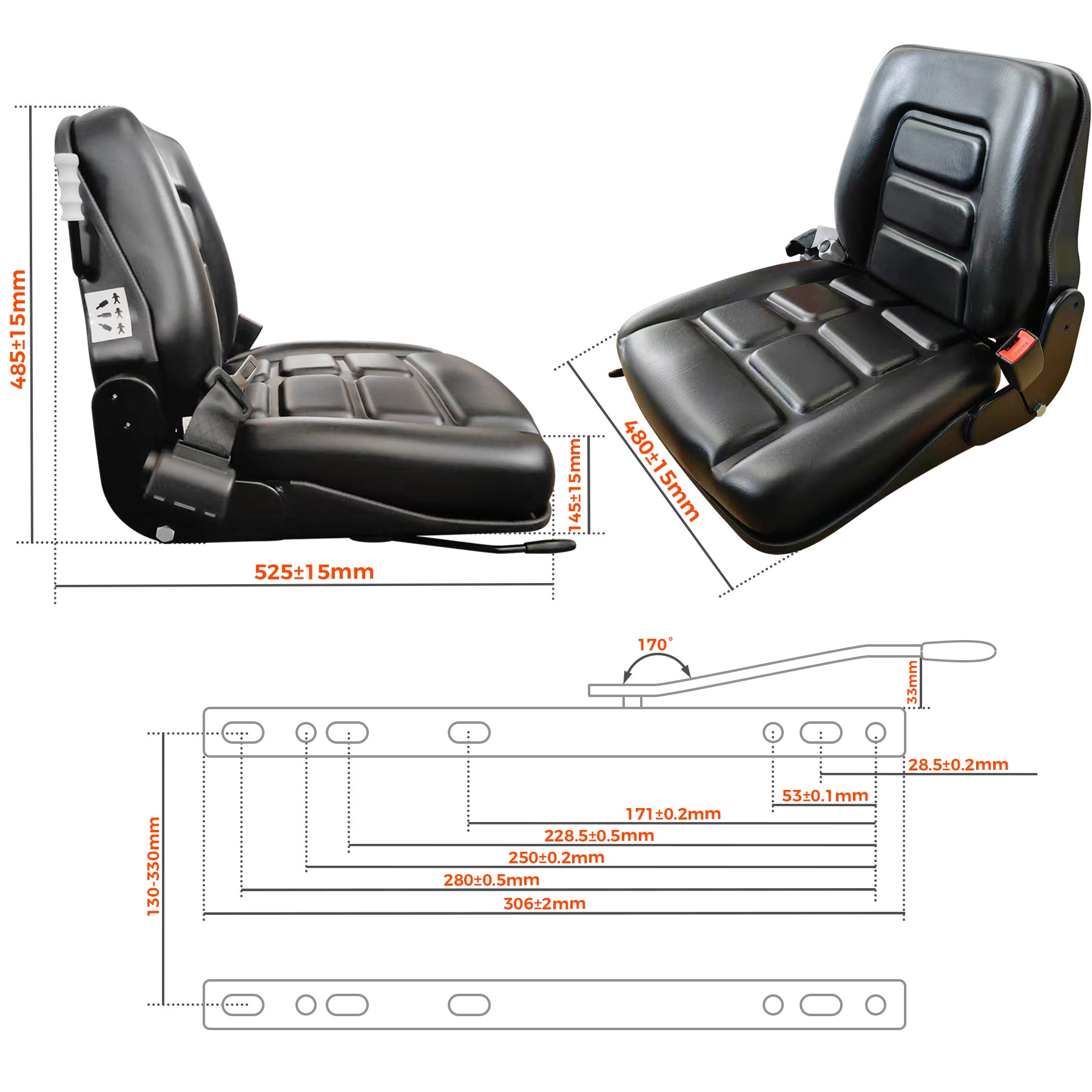 BDI Wear Parts Universal Forklift Seat, Tractor Seat w/Adjustable Angle Back, Micro Switch and Slide, for Tractor, Mower, Skid Loader, Telehandler, Backhoe, Excavator Dozer