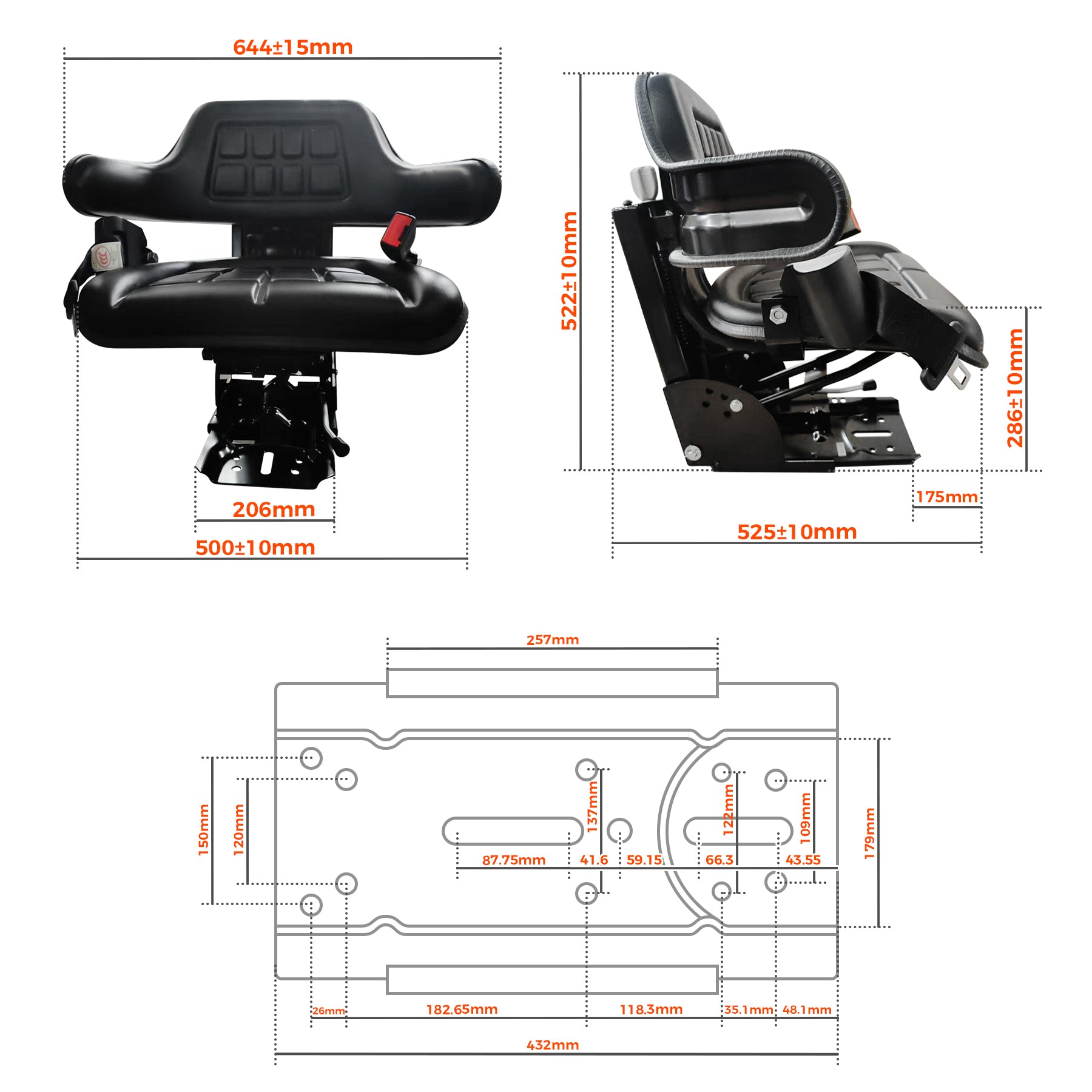 BDI Wear Parts Universal Adjustable Tractor Suspension Seat, Wrap Around Seat with Safety Belt,Tilt Fits for Forklift Riding Garden Lawn Mower John Deere Fiat Ford Kubota