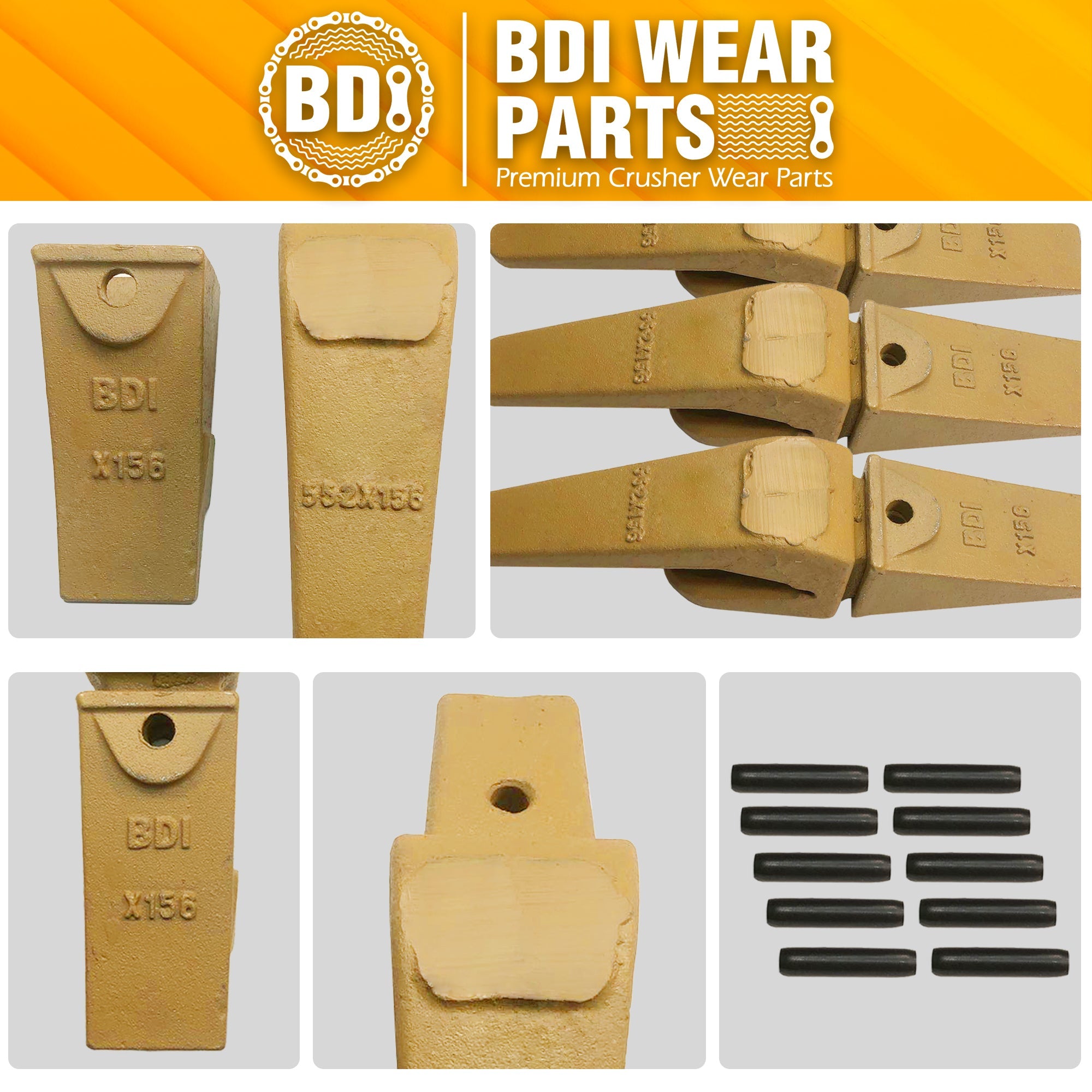 BDI Wear Parts Assembly Adapter 552X156 Bolt On Shank / X156 Bucket Teeth / P156 Flex Pin for Bobcat Skid Steer Caterpillar Hensley Style Mini Excavator - 5 Set