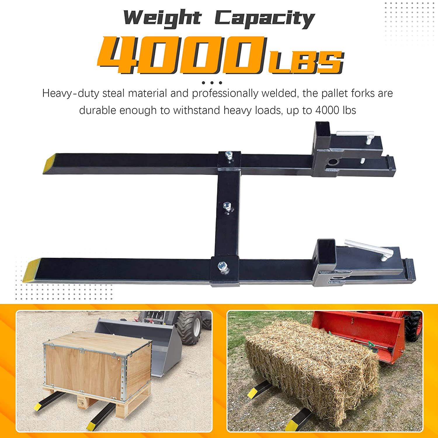 BDI Wear Parts 60" Length 4000 Lbs Pallet Forks Chain Heavy-Duty Front Loader Forks for Loader Bucket Skid Steer Tractor with Adjustable stabilizer Bar